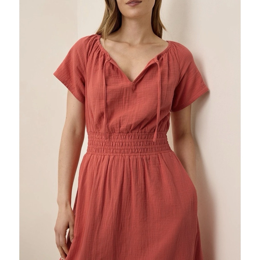 Pact Coastal Double Gauze Boho Coral Midi Dress Sz XL Organic Cotton Beachy - Picture 2 of 16